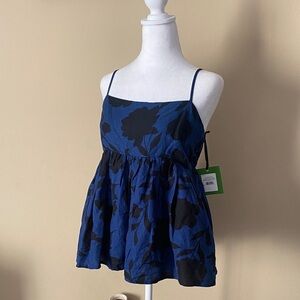 Kate Spade Classic Rose Linen Baby Doll Tank Top Blue and Black XL NWT